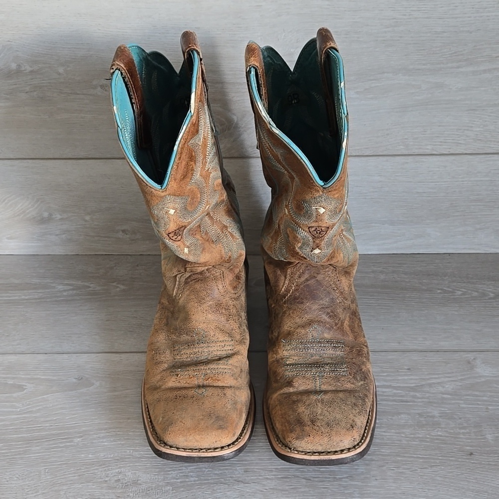 Sold Ariat Women 10008017 Brown & Teal Western Boots Square Toe Shoes Sz 9B - Picture 4 of 16